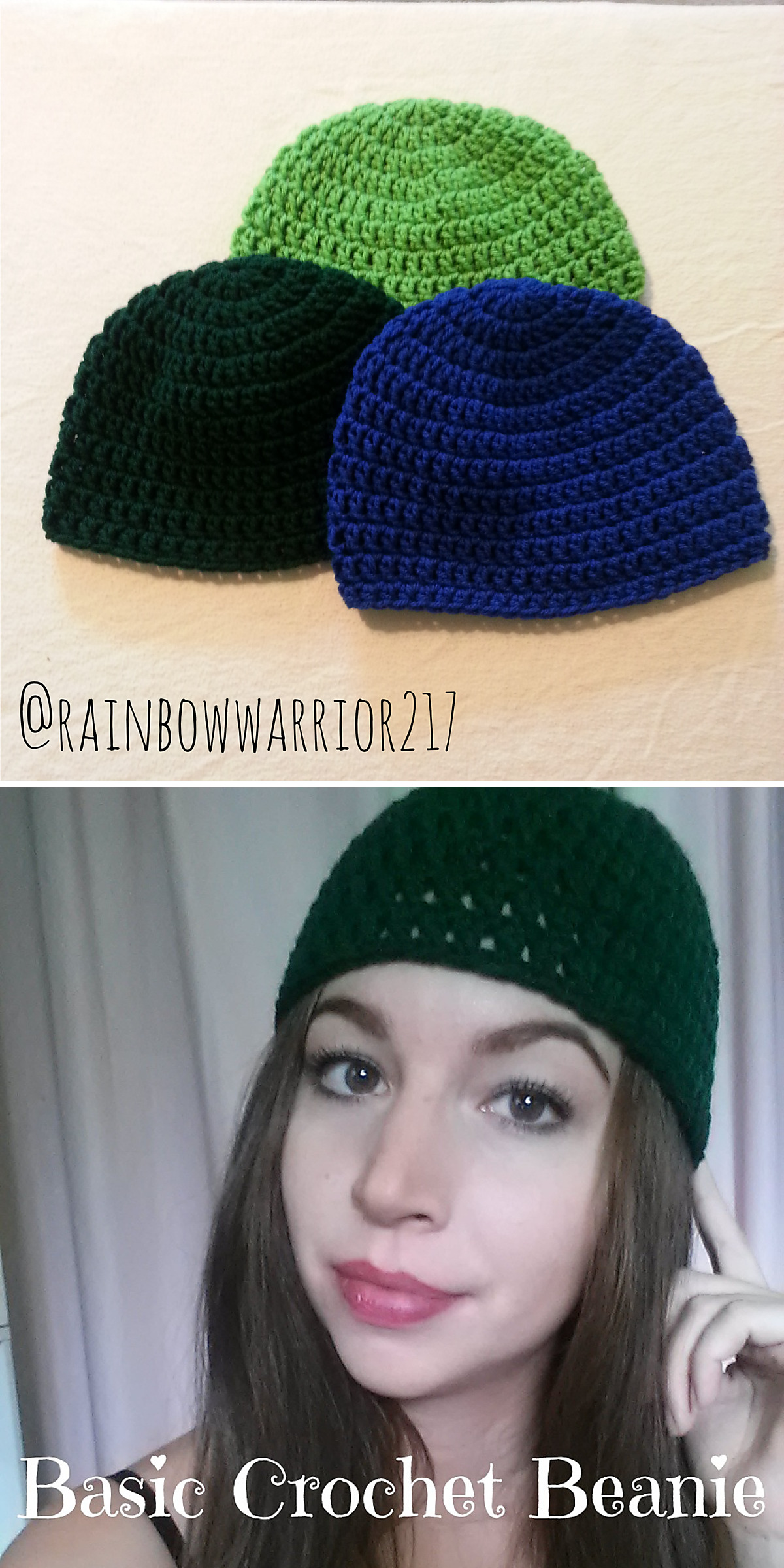 A deep green seamless crochet beanie appears in a portrait and a close-up. The two views show its even stitch texture, rounded crown, and clean folded edge without distracting details.