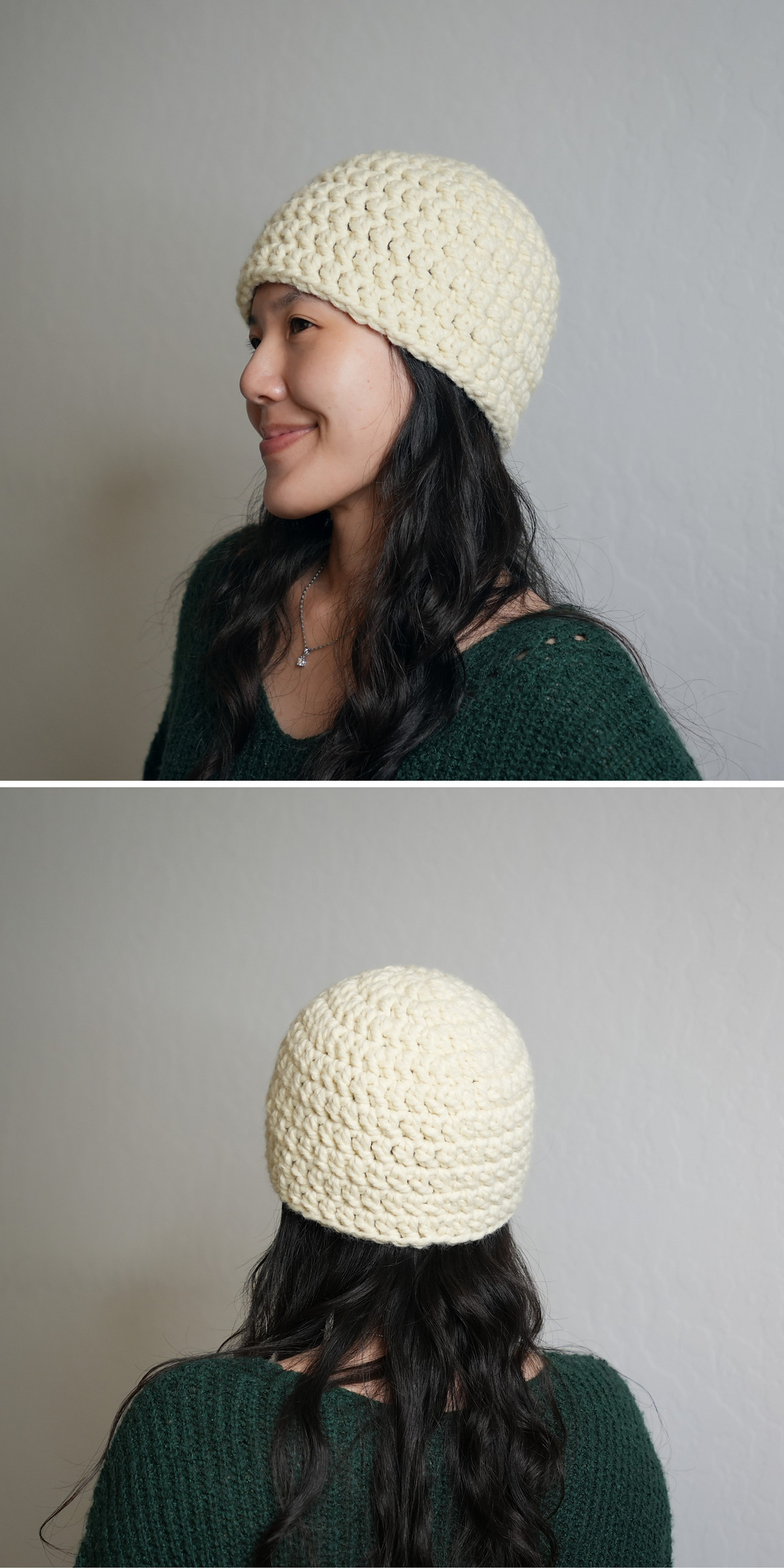 A woman models a rust-brown crochet beanie with a fluffy pom-pom indoors. A closer view highlights the ribbed texture and folded brim, showing the warm shape and stitch detail of this winter hat.