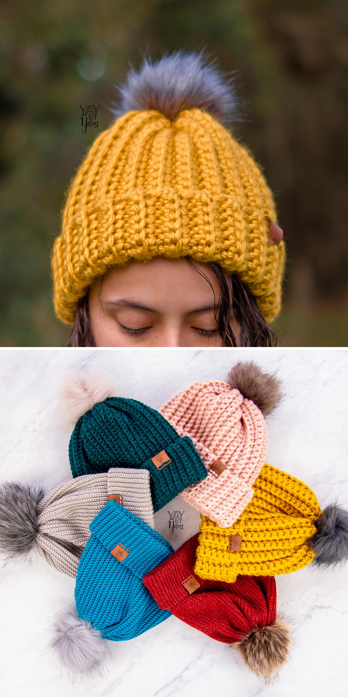 A bright yellow crochet beanie is worn outdoors beside a colorful group of finished hats in blue, pink, orange, and gray. The photos highlight the simple silhouette, chunky texture, and range of possible yarn colors.