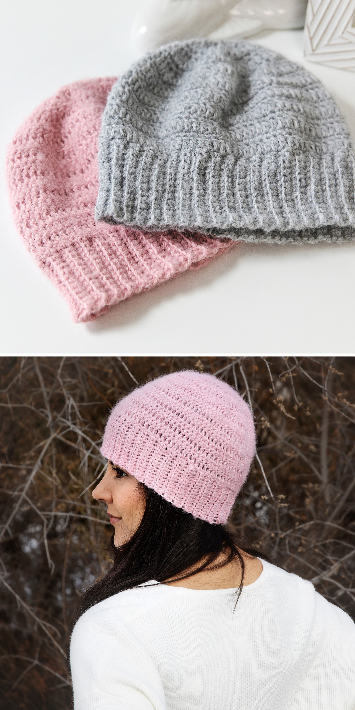 Long dark hair frames a pale pink crochet beanie in an outdoor portrait. The view shows the hat’s close fit, rounded crown, and soft stitch texture against the model’s hair.