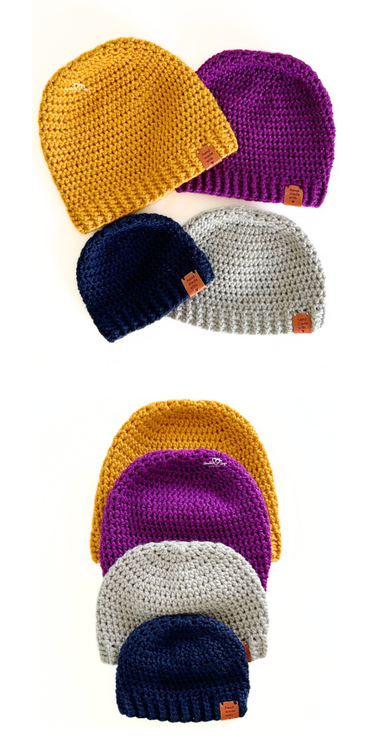 Yellow, purple, navy, and cream crochet beanies are grouped together, showing the same compact shape in several colors. Their smooth bodies, rounded crowns, and neat stitches make this simple hat style easy to compare.