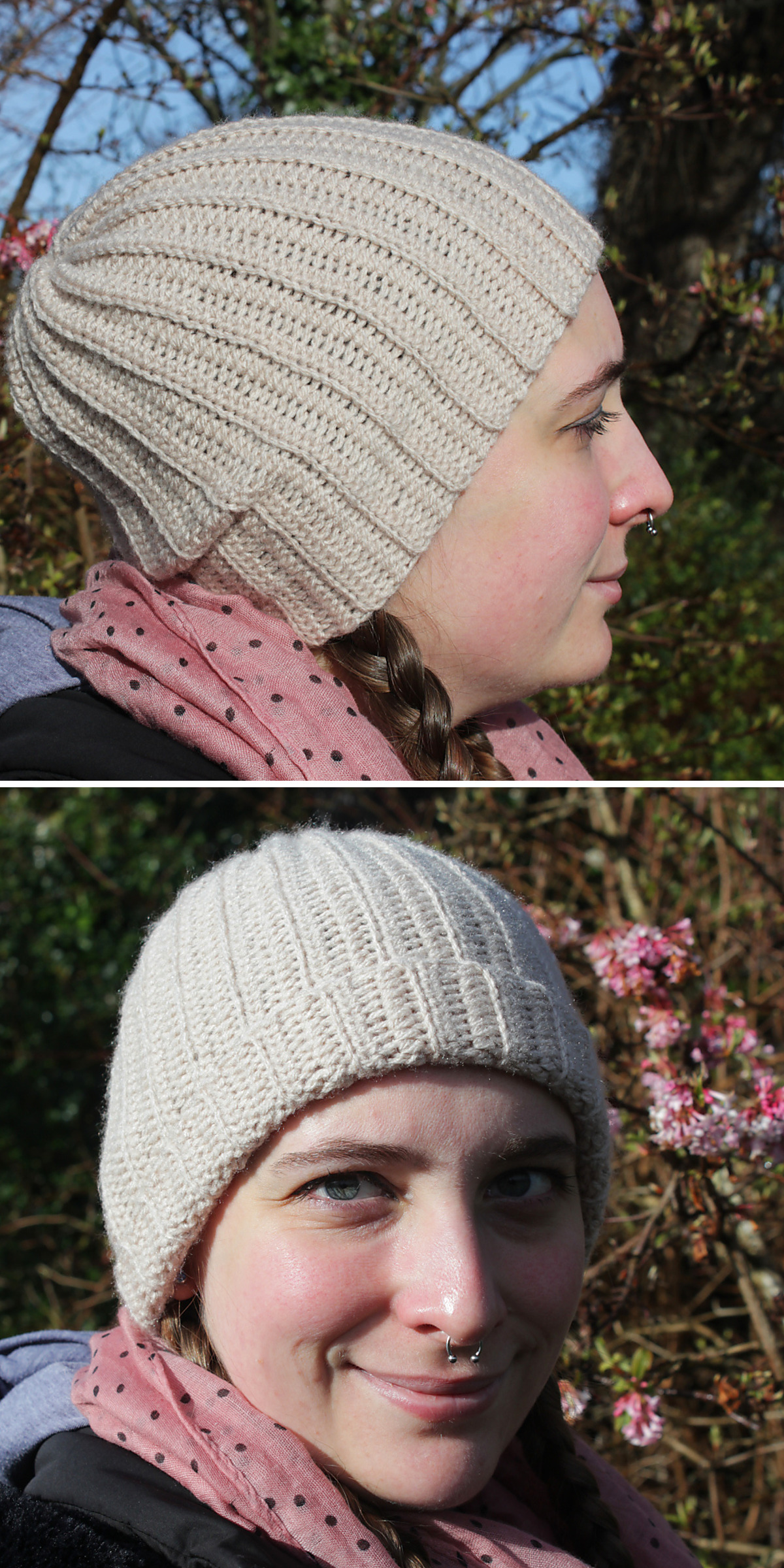 Two outdoor portraits feature a woman wearing a light beige ribbed crochet beanie. The profile view shows its close fit, while the front view reveals the rounded crown and vertical stitch texture.