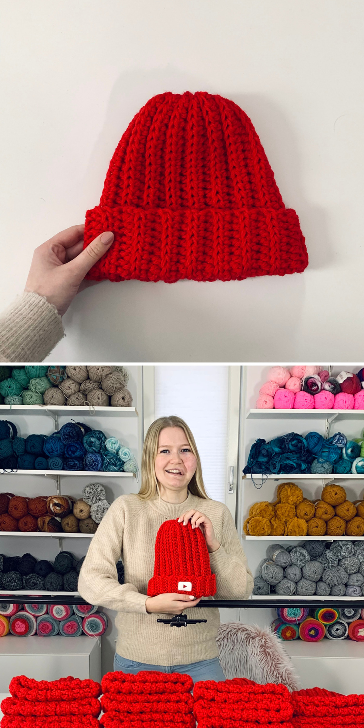 A bright red crochet beanie appears close up and in its maker’s hands inside a yarn shop. The rounded crown and neat rows of stitches show the straightforward construction of this colorful handmade hat.