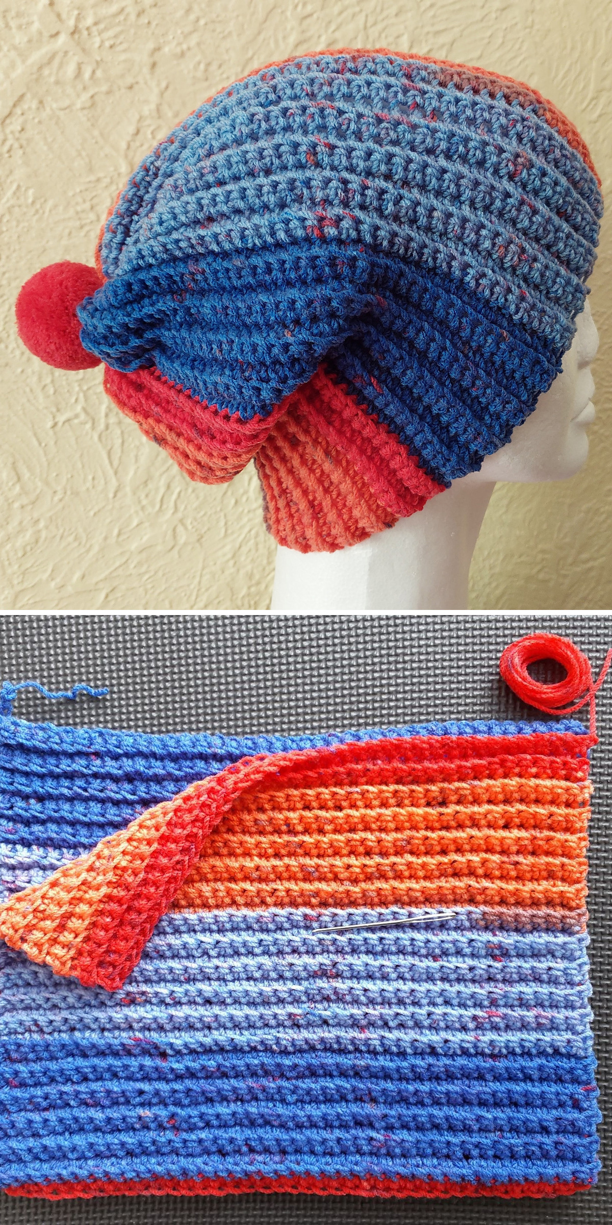A blue and red crochet beanie with a red pom-pom is displayed on a mannequin beside a close view of striped crochet fabric. The photos show its bright color contrast, textured stitches, and rounded shape.