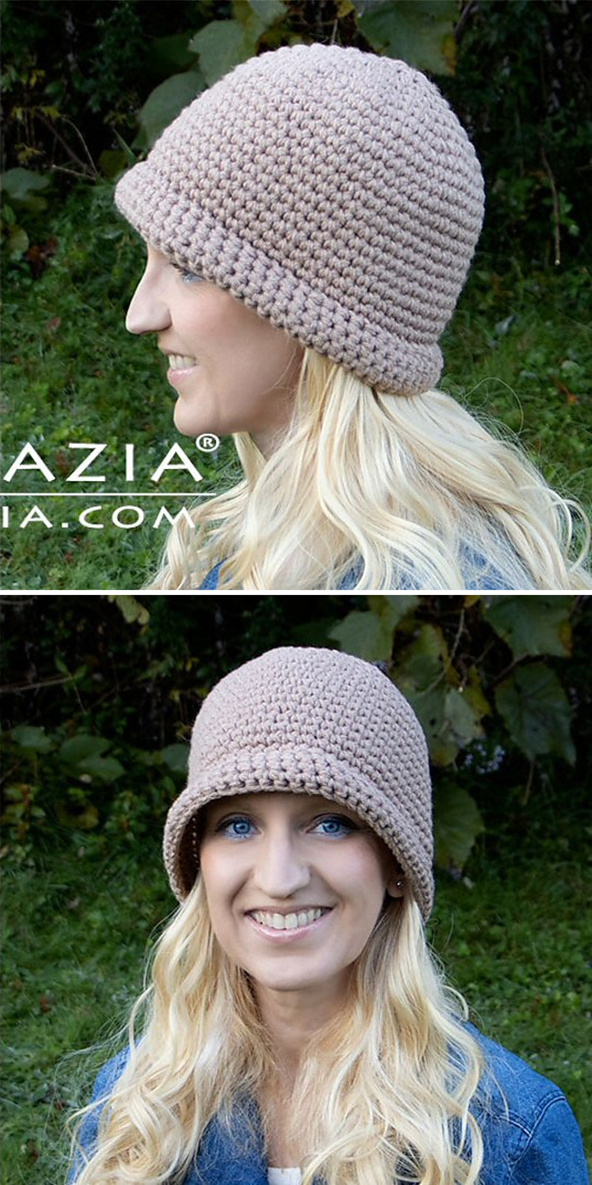 Front and side portraits show a woman wearing a pale gray crochet hat with a broad brim. Open stitches across the crown and the softly shaped edge give this design its distinctive look.