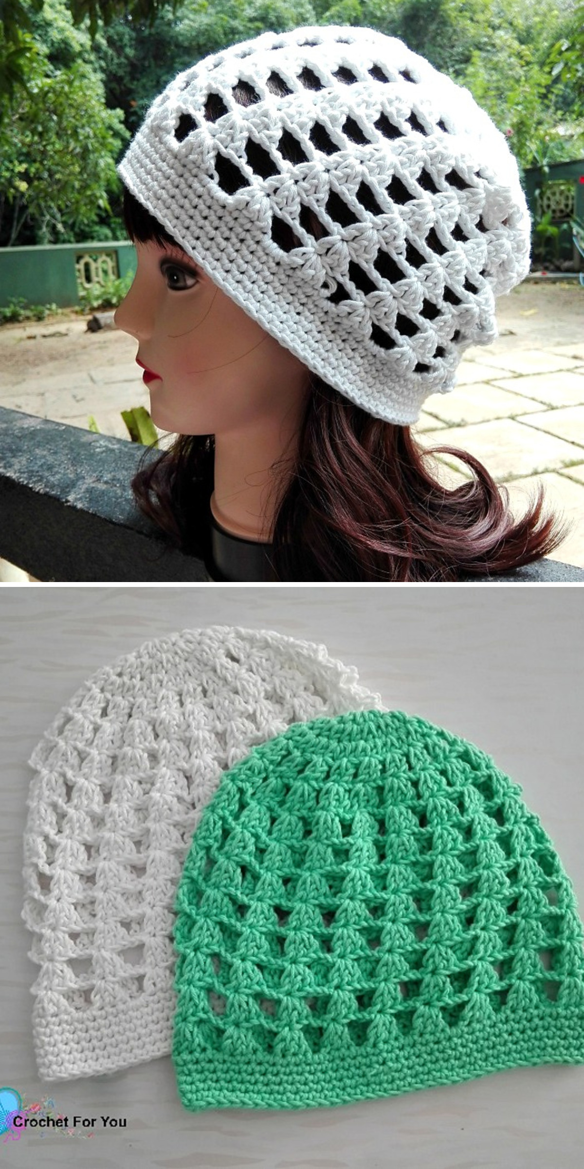 White and green crochet slouch beanies appear in close-up, showing airy mesh stitches, rounded crowns, and relaxed shaping. The contrasting colors make the open texture and casual fit of this hat design easy to see.