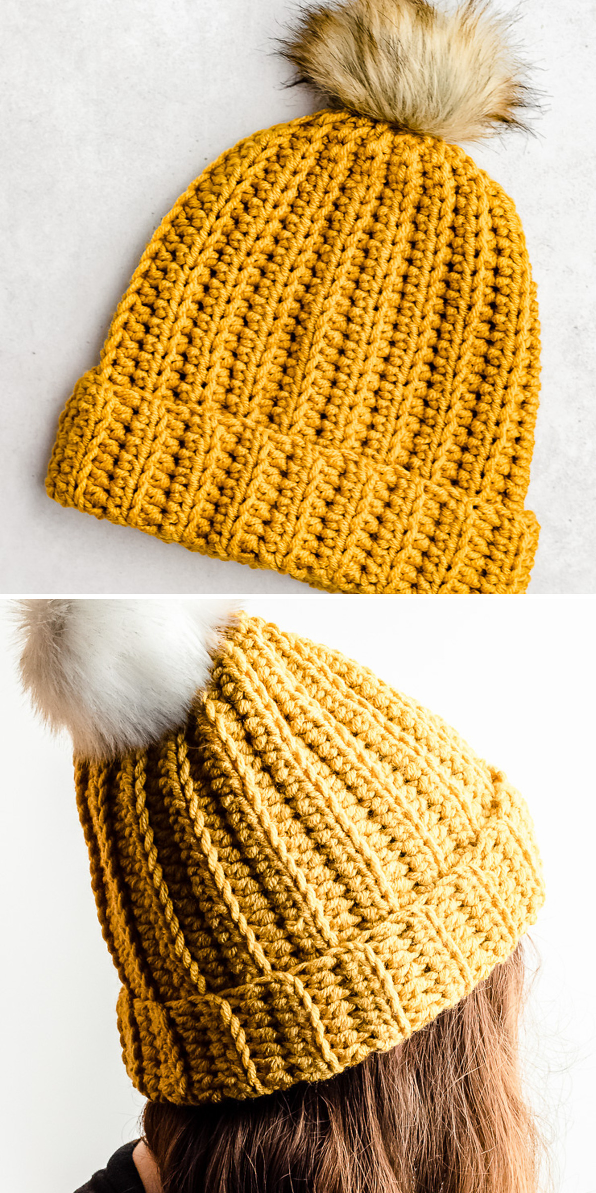 A mustard-yellow crochet beanie with a fluffy pom-pom is modeled outdoors beside a closer view of its tall ribbing. The folded edge and rounded crown show the shape and texture of this bright winter accessory.