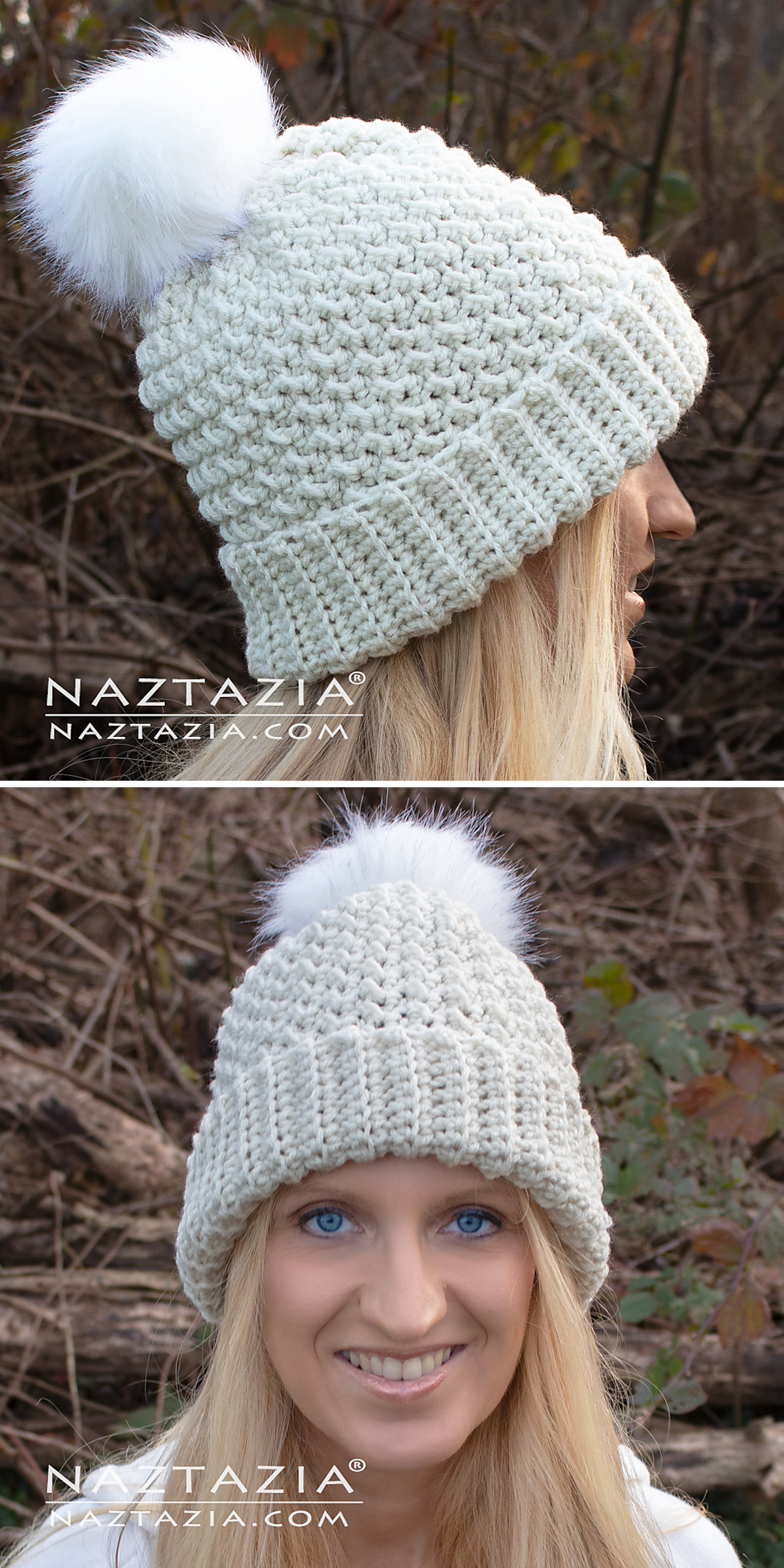A woman models a white crochet winter hat outdoors, first with a fluffy pom-pom and then without it. Both views show the textured stitches, rounded crown, and wide folded brim of this cozy handmade design.