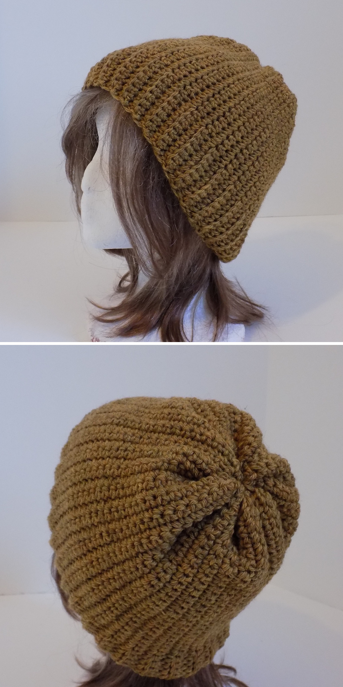 A brown crochet hat is shown from the back and side, revealing its gathered crown and gently pleated shaping. The relaxed slouch and textured stitches create a distinctive silhouette in this neutral color.