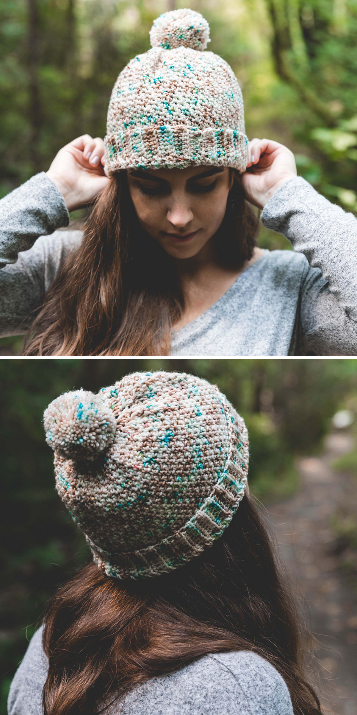 Against a green outdoor background, a woman models a speckled cream crochet beanie with a pom-pom. Front and back views show the folded brim, textured stitches, and small flecks of color in the yarn.