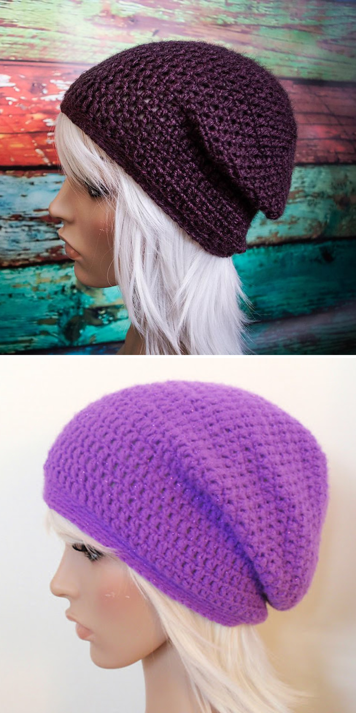 On a mannequin, a deep purple crochet beanie shows its relaxed slouch and textured stitches against colorful painted boards. Side and back views reveal the roomy crown and long, soft shape of this casual hat.