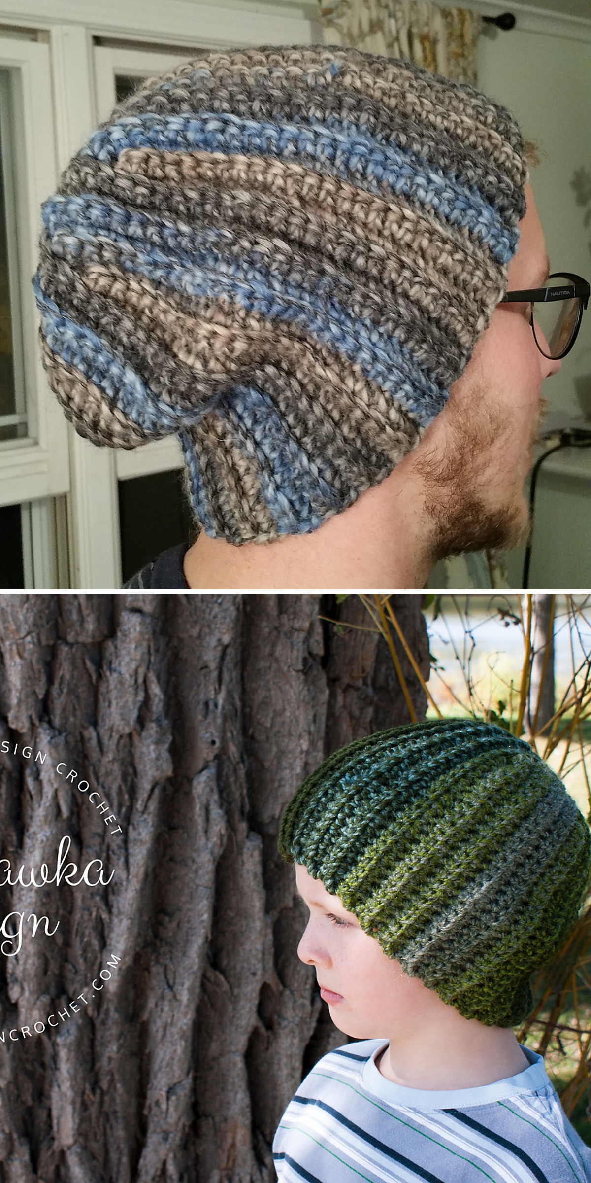 Blue, gray, and cream stripes cover a bulky crochet beanie modeled by an adult and a child outdoors. The two views show its textured stitches, relaxed crown, and multicolor pattern at different scales.