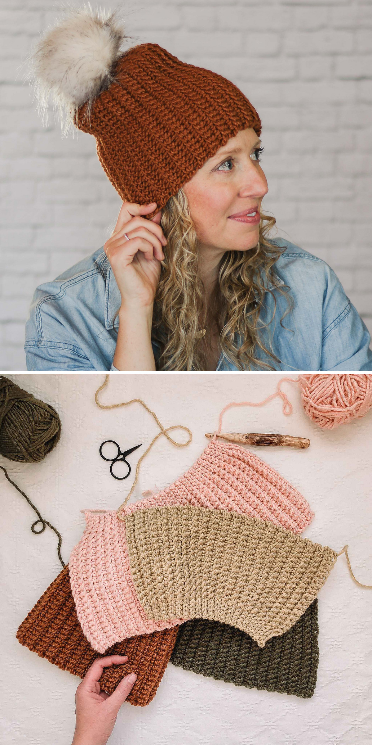A woman wears a soft pink crochet beanie outdoors, with a second view showing its rounded crown and folded brim. Even stitches and a close fit give this everyday hat its simple, comfortable shape.