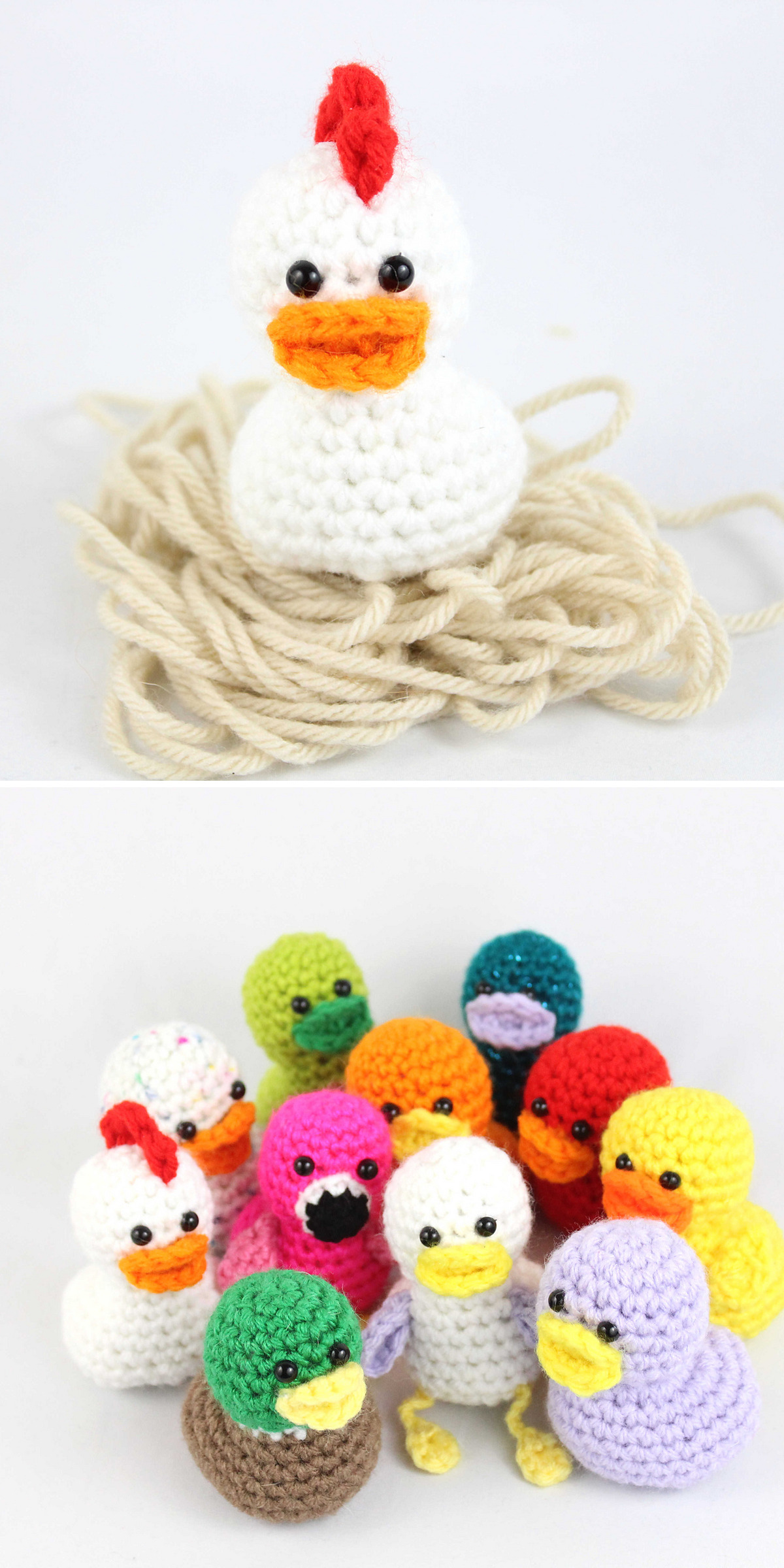 A white crocheted chicken with a red comb sits on pale yarn, while colorful ducks and chickens gather below. Their round bodies and stitched beaks show playful variations. Find free duck amigurumi ideas for small crochet toys.
