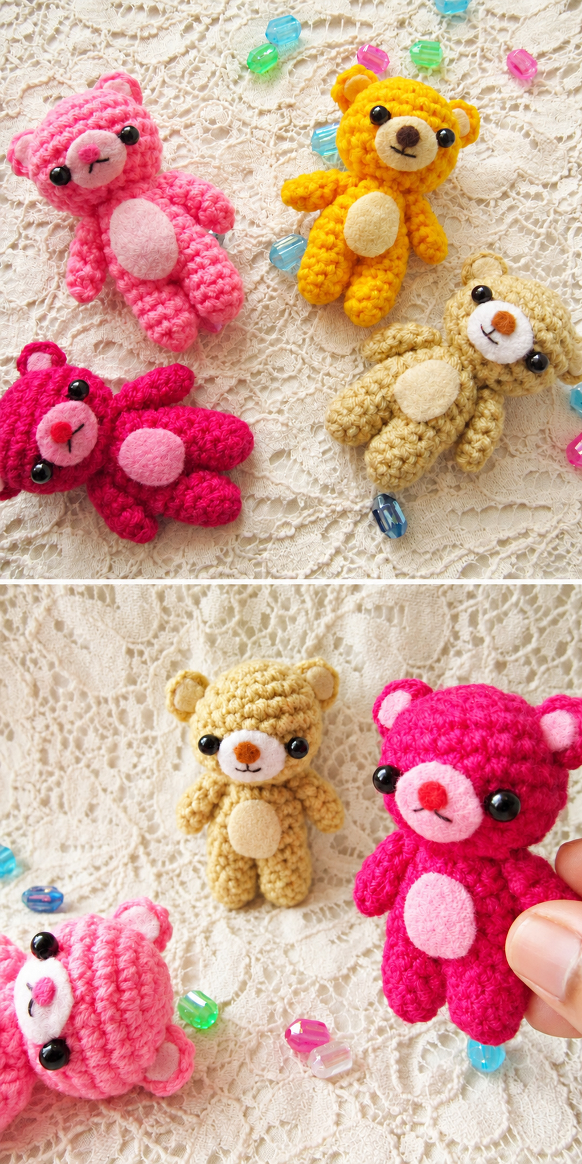 Pink, yellow and beige teddy bears are scattered across cream lace, with a vivid pink bear held closer to the camera below. Tiny muzzles and textured stitches distinguish each toy. Explore colorful miniature teddy bear crochet patterns.