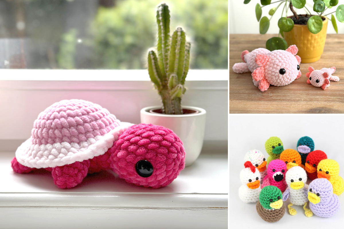 A collage features a plush pink crochet turtle by a window, two small pink axolotls on a wooden table, and a group of colorful miniature duck amigurumi with tiny beaks.