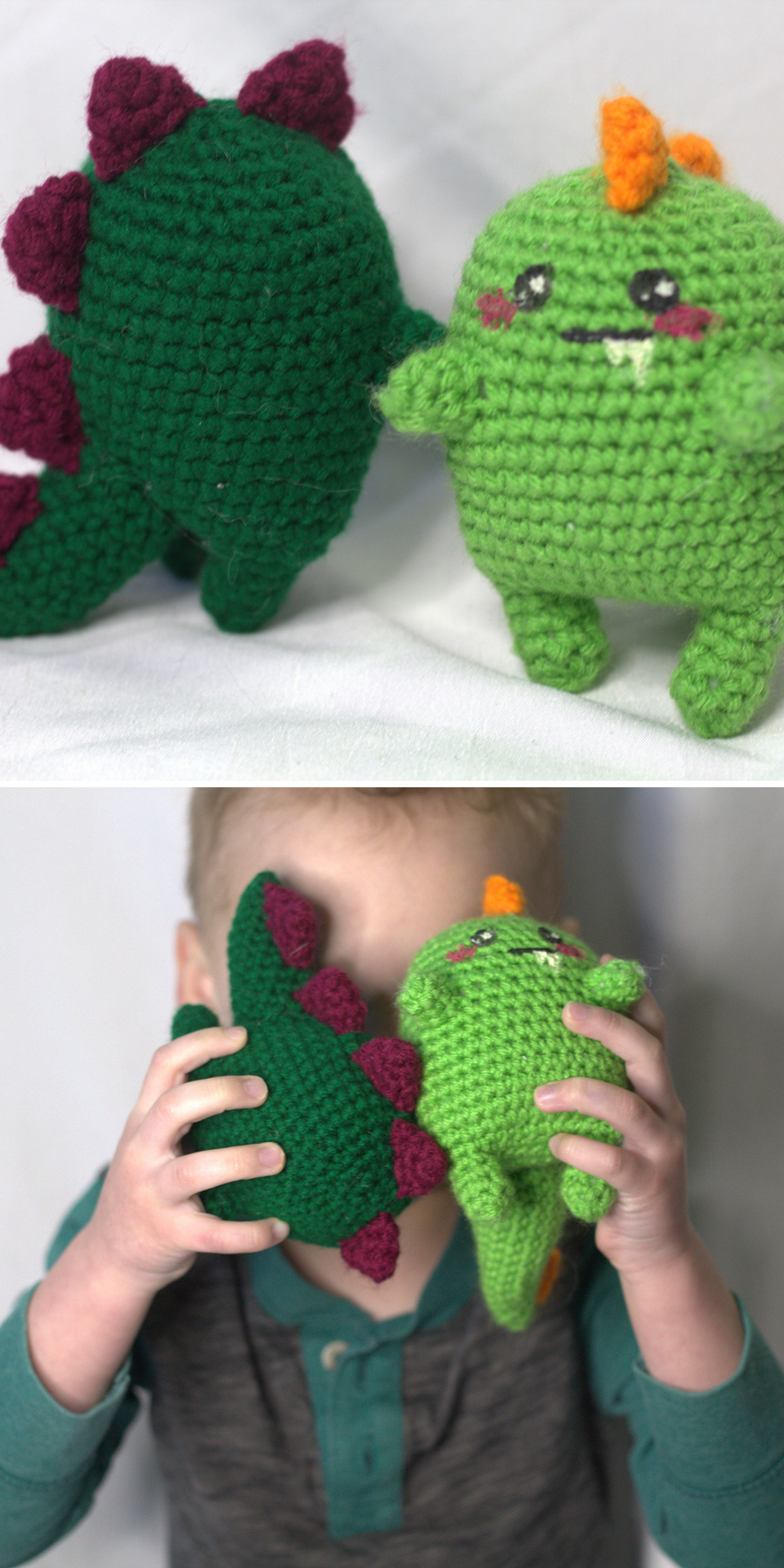 Green dinosaurs with purple and orange back spikes stand together before a child holds them up for scale. Short legs and densely stitched bodies create a friendly shape. Try a mini dinosaur crochet pattern for playful amigurumi toys.
