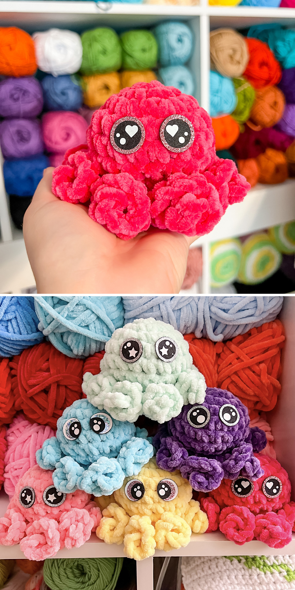 A bright pink octopus rests in a hand above a lively cluster of mint, blue, purple, yellow and red companions. Curled tentacles and plush stitches give them expressive shapes. Browse mini octopus crochet ideas for ocean-themed gifts.
