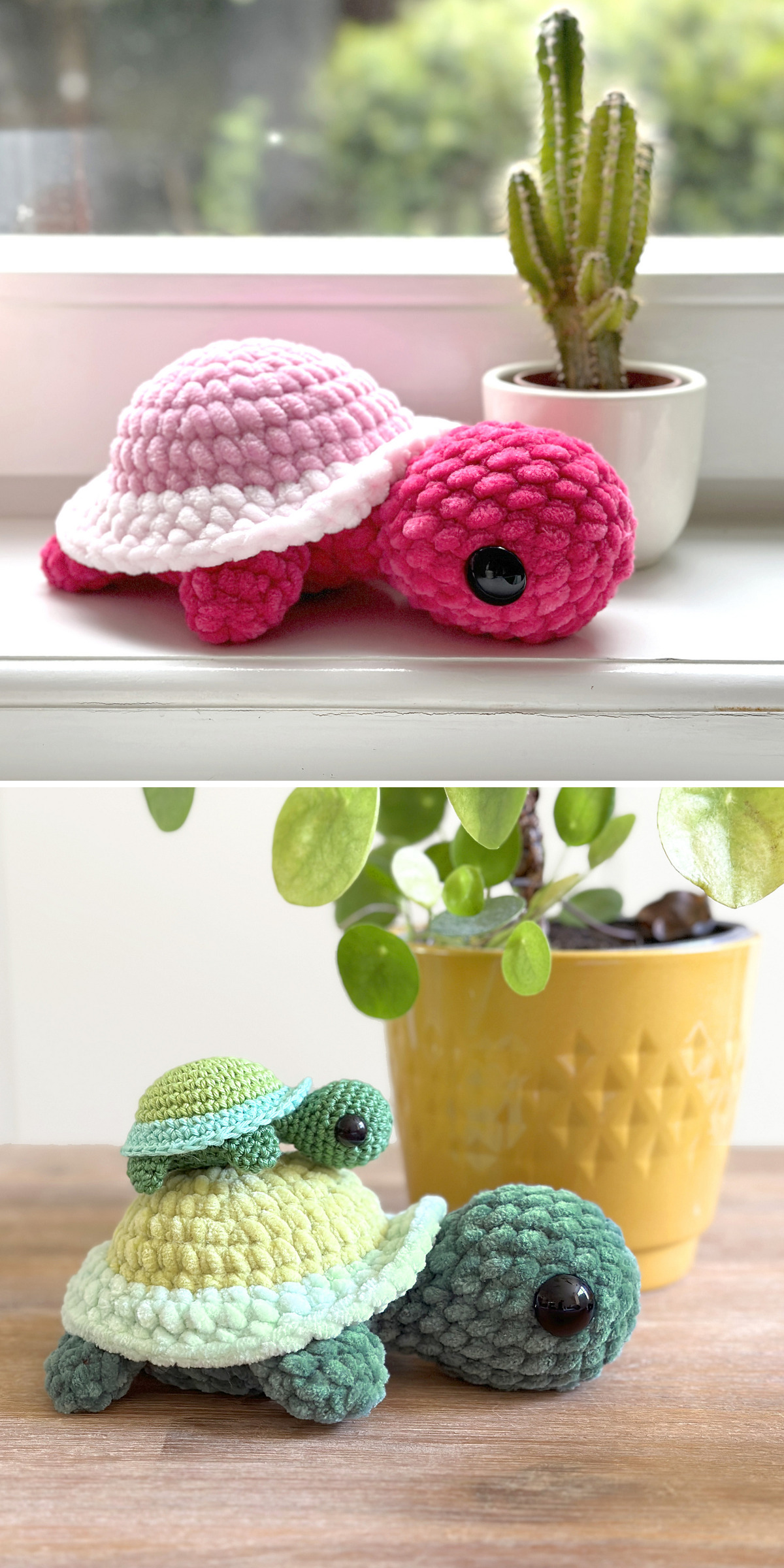 A pink turtle poses beside a small cactus, while two green turtles rest near another potted plant below. Layered shells and raised crochet stitches add dimension. Find a mini turtle amigurumi pattern for handmade animal collections.