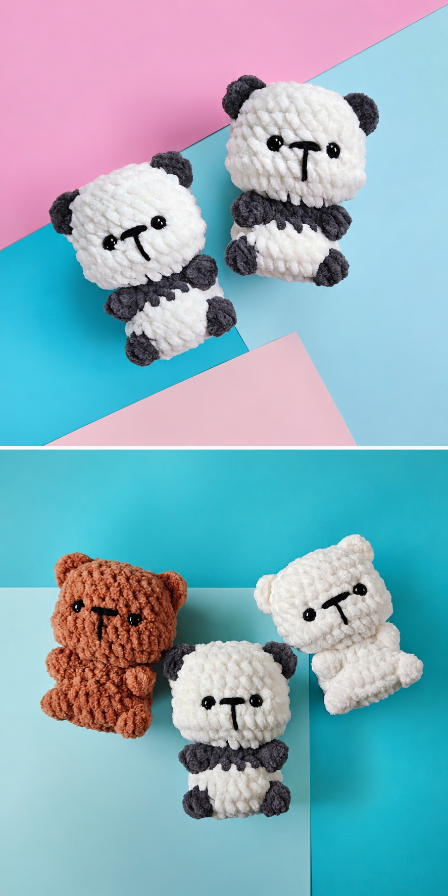 Matching black-and-white pandas appear above three little bears in brown, white and panda colors. Soft chenille texture rounds their heads and bodies against pink and turquoise backgrounds. Explore no-sew baby panda crochet projects and plush toys.