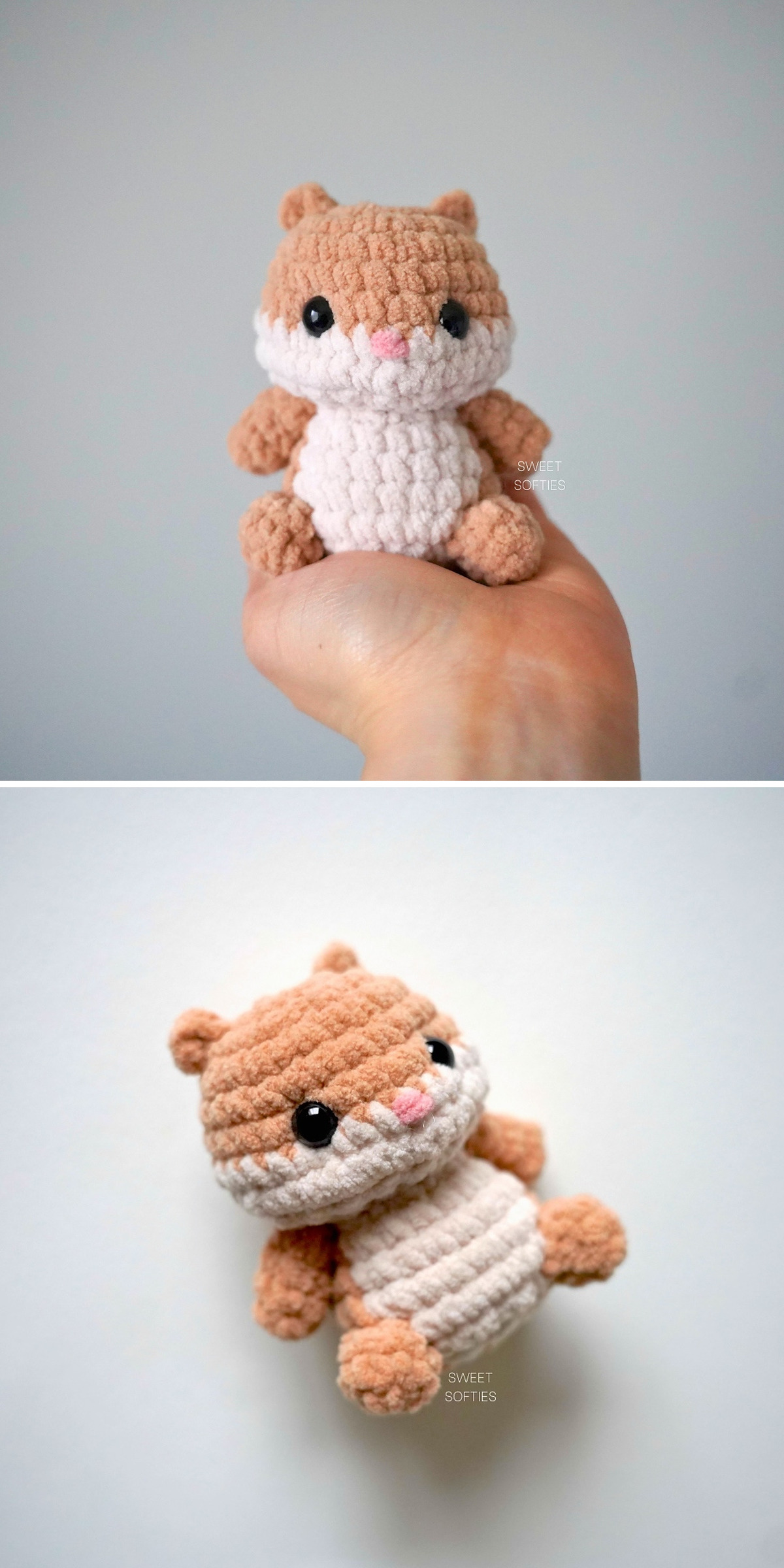 Held in one hand, a brown-and-white hamster faces forward and then turns sideways to reveal its tiny tail. Chubby cheeks, a pale belly and plush stitches define the toy. Try a pocket hamster crochet project for gifts.