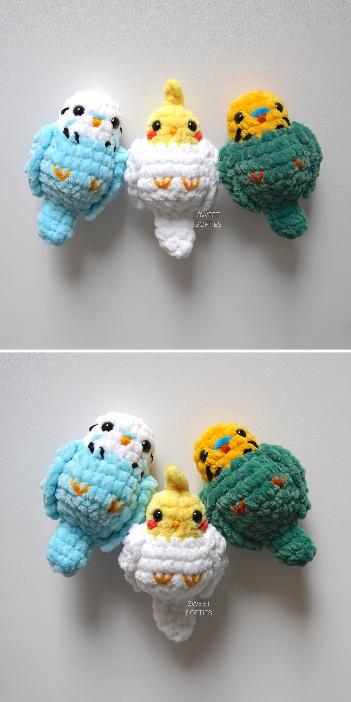 Blue, white, yellow and green parrots gather in a cheerful trio, seen from slightly different angles. Tiny beaks, colorful wings and neat crochet stitches make each bird recognizable. Explore pocket parrot amigurumi ideas for bright handmade presents.