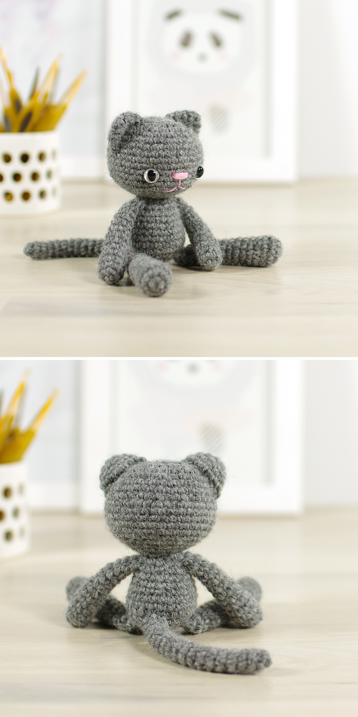 A gray cat sits with long legs stretched forward; the lower view reveals its narrow back and striped tail. Fine crochet stitches form small ears and a quiet face. Discover a small cat amigurumi pattern for animal lovers.