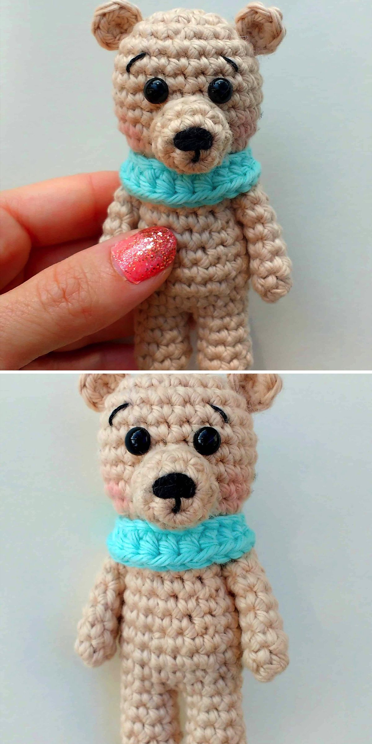 Held between fingertips, a beige teddy bear wears a bright turquoise scarf; the lower view reveals its slim standing figure. Rounded ears, a dark muzzle and defined crochet stitches highlight this tiny bear pattern for handmade gifts.